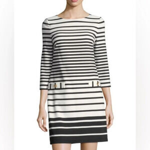 Eliza J Long Sleeve Striped Dress Nautical Shift Pockets Chic White/Black Size 6